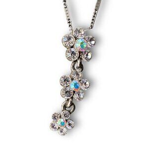 1928 Co Necklace Boho Flower Drop Aurora Borealis AB Crystal Silver Pendant